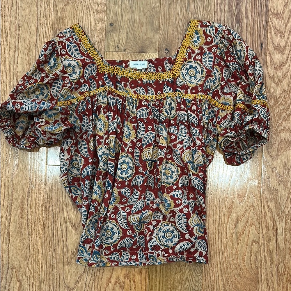Vibrant Red and Yellow Blouse with Floral Design